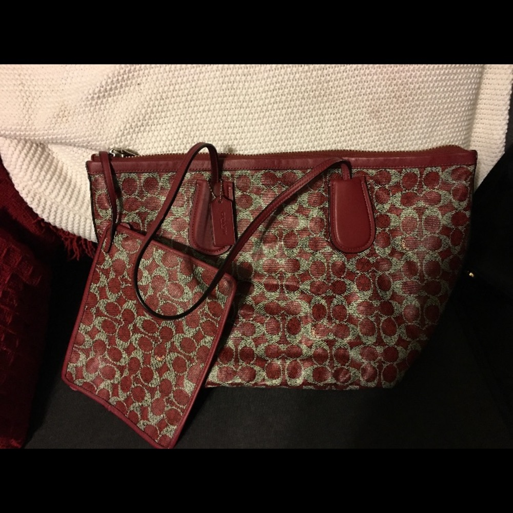 Red and grey coach large bag & wristlet